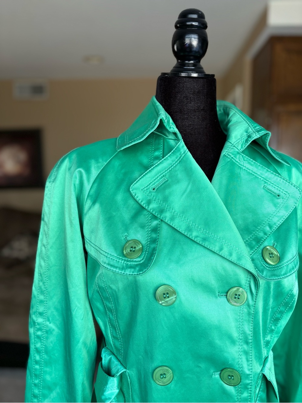 Jessica Simpson Green Satin Double-Breasted Trench Coat with Belt - Picture 5 of 15